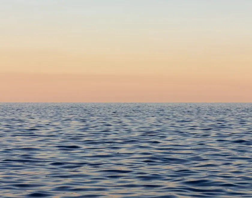 A calm ocean horizon at dawn in muted tones.